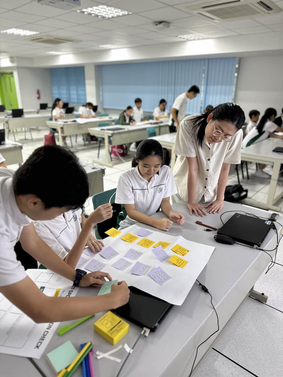 Students engaged in ideation during a design thinking workshop using sticky notes