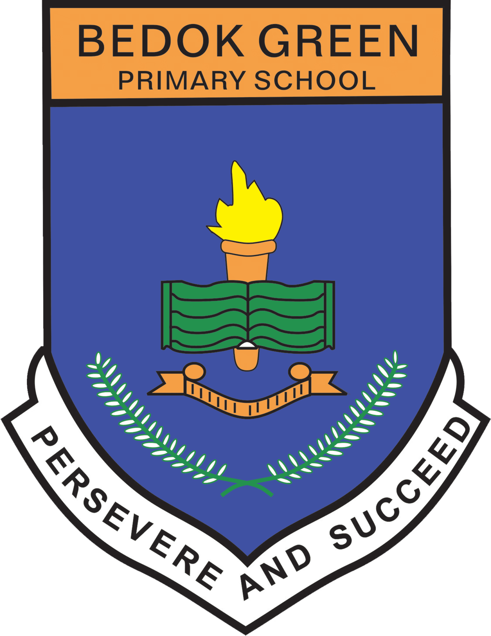 Bedok Green Primary School crest with an orange banner, blue shield, flame, open book, and laurel branches”